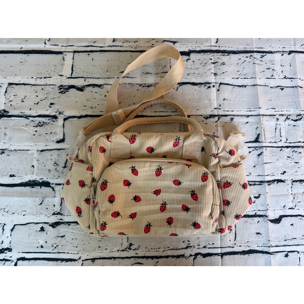 Strawberry Print Corduroy Insulated Lunch Box Cream Cottagecore Picnic Bag